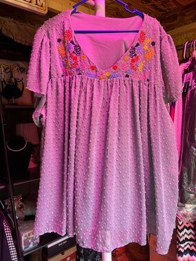 SHEIN Lavender Embroidered V-Neck Babydoll Blouse